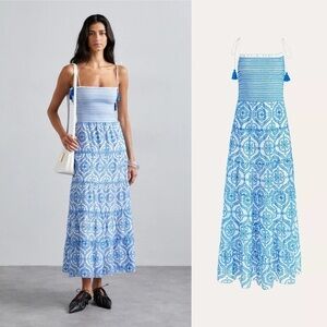 ALICE & OLIVIA Marna Mixed Blue Embroidery Smocked Sundress 12